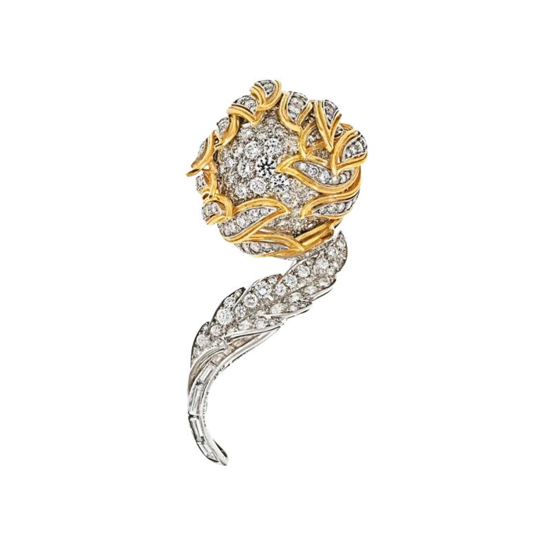 PLATINUM 18K YELLOW GOLD 1970S DIAMOND FLOWER BROOCH