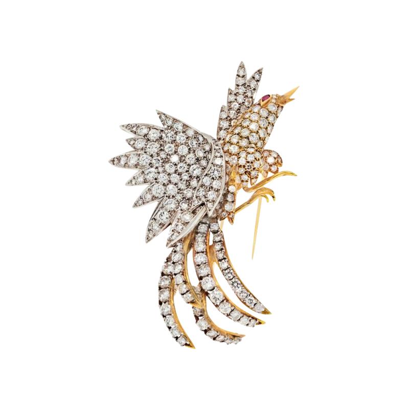 PLATINUM 18K YELLOW GOLD 20 CARAT DIAMOND BIRD BROOCH
