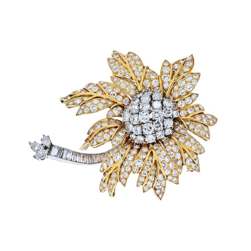PLATINUM 18K YELLOW GOLD 25 CARAT DIAMOND FLOWER BROOCH