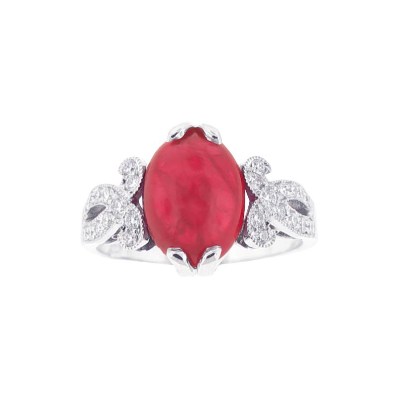 PLATINUM CABOCHON RUBY AND DIAMOND RING