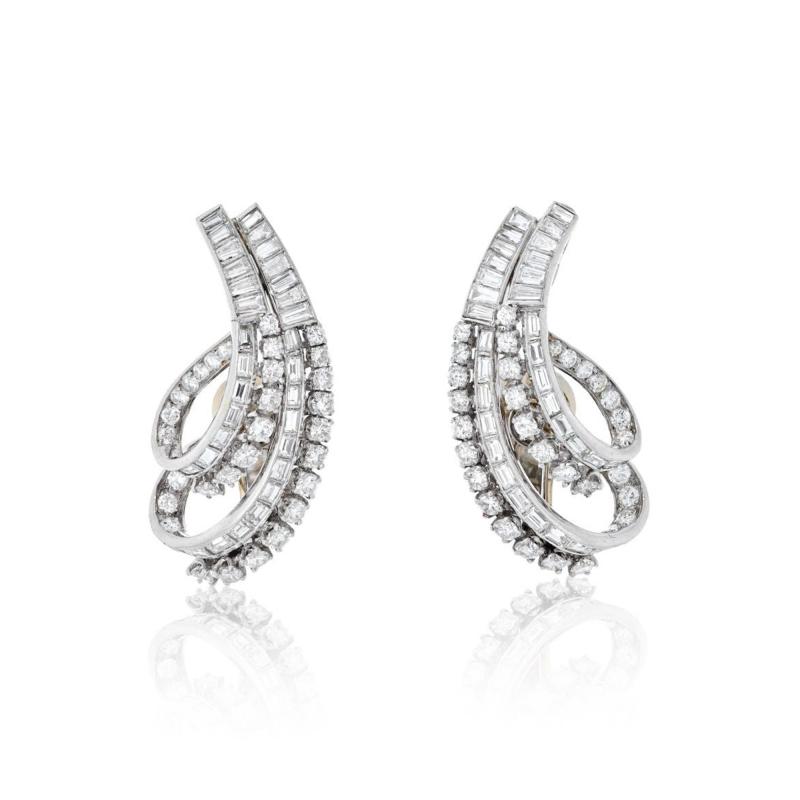 PLATINUM TWIST SWIRL BAGUETTE AND ROUND CUT DIAMOND EARRINGS