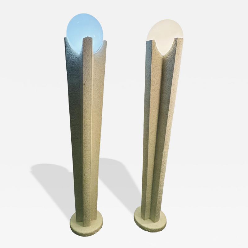 POST MODERN ART DECO REVIVAL WHITE PLASTER FLOOR LAMPS WITH WHITE GLASS GLOBE