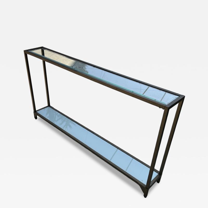POST MODERN GOLD METAL DOUBLE TIER BEVELED GLASS WHITE GLASS CONSOLE