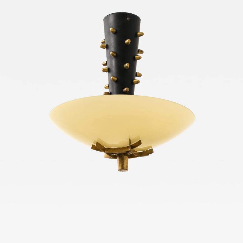Paavo Tynell Early Ceiling Lamp in Black Metal Opaline Glass Brass by Paavo Tynell 1940s