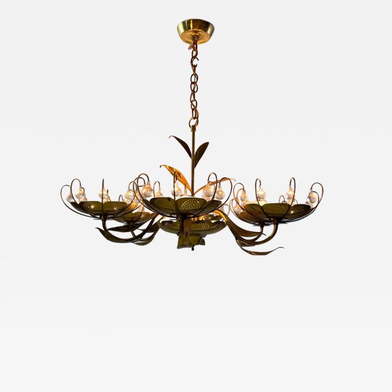 Paavo Tynell MID CENTURY BRASS AND GLASS CHANDELIER IN THE MANNER OF PAAVO TYNELL