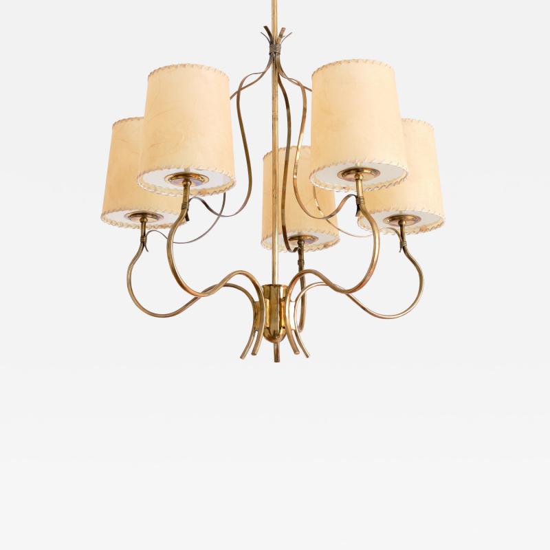 Paavo Tynell Paavo Tynell Chandelier in Brass and Parchment Model 9001 Taito Finland 1940s