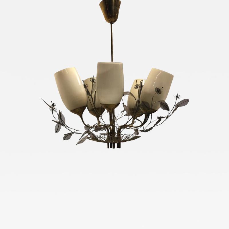 Paavo Tynell Paavo Tynell Flower Bouquet Chandelier 9029 5 in Brass and Glass Taito 1950s