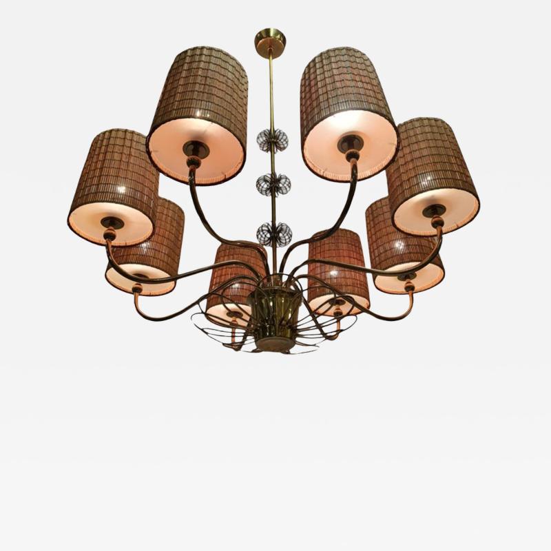 Paavo Tynell Paavo Tynell Large Commissioned Chandelier in Brass Rattan Shades Taito 1950s