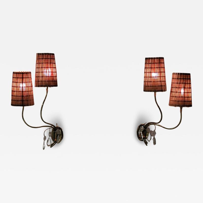 Paavo Tynell Paavo Tynell Organic Wall Lamps Model 9424 in Brass and Rattan Taito 1940s