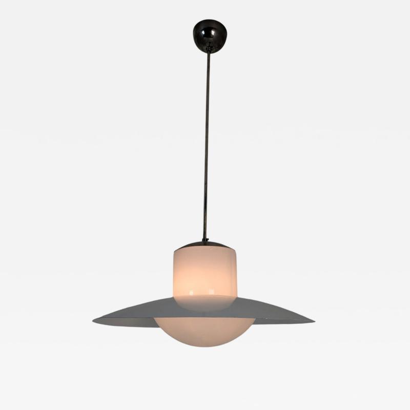 Paavo Tynell Paavo Tynell Pendant Chromed Metal Painted Shade Opaline Glass 1950s