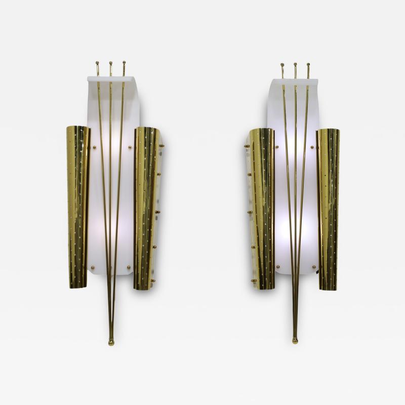 Paavo Tynell Pair of Italian Wall Sconces in Brass and Lucite 1960s