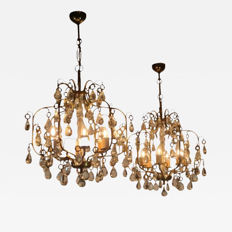 Paavo Tynell Pair of Paavo Tynell Crystal Brass Chandeliers Model 1487 for Taito 1940s
