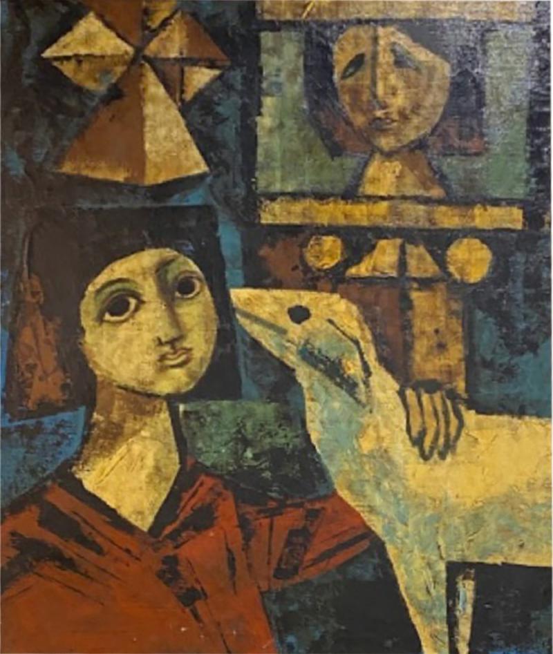 Pablo Picasso MID CENTURY MODERNIST PAINTING OF DOG AND WOMEN IN THE MANNER OF PICASSO