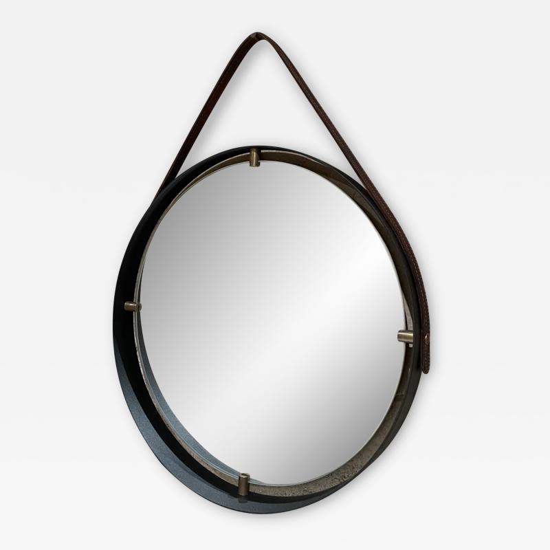 Pablo Romo Modern Round Wall Mirror Leather Frame Ebonized Bronze Style Jacques Adnet