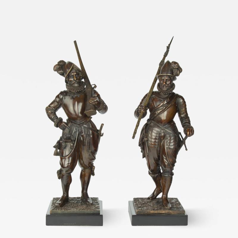 Paiir of bronze standing figures of Spanish explorer Conquistador