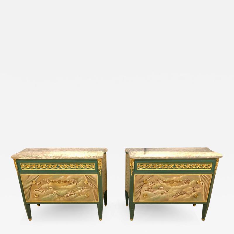 Paint Decorated Hollywood Regency Marble Top Commodes Manner of M Jansen Pair