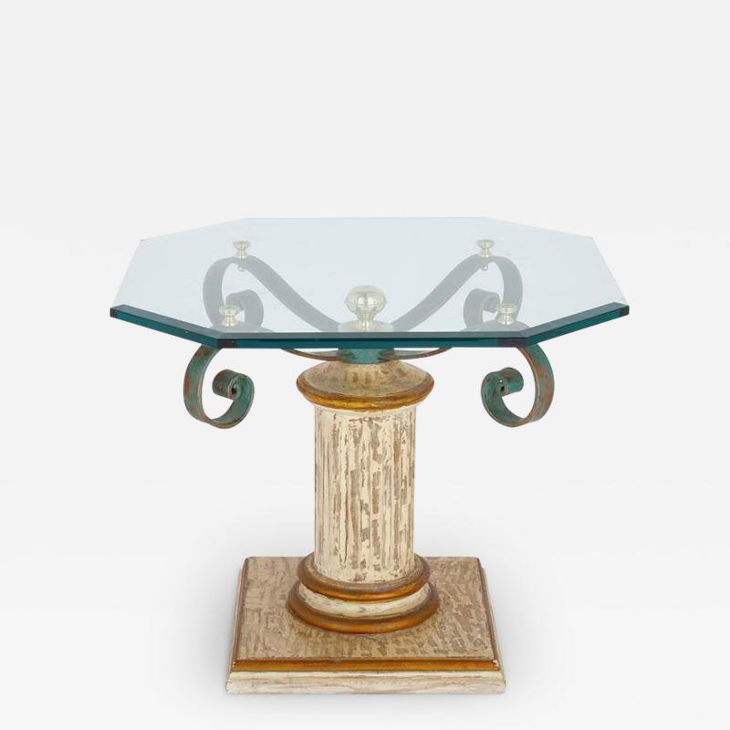 Painted wood patinated iron and glass side table