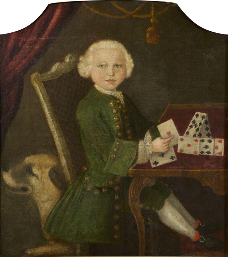 Painting of a Boy Building a House of Cards Accompanied by his Mastiff