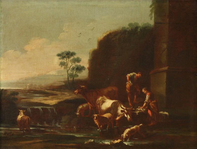 Painting of the Roman school of the 17th century landscape with pastoral scene