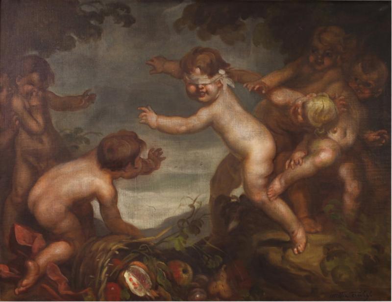 Painting signed Mattia Traverso from the 20th century cherubs game