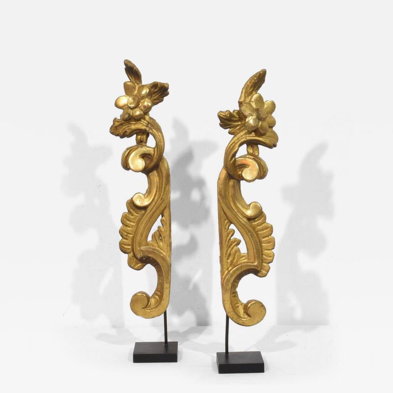 Pair 18th Century Italian Hand Carved Giltwood Baroque Curl Ornaments