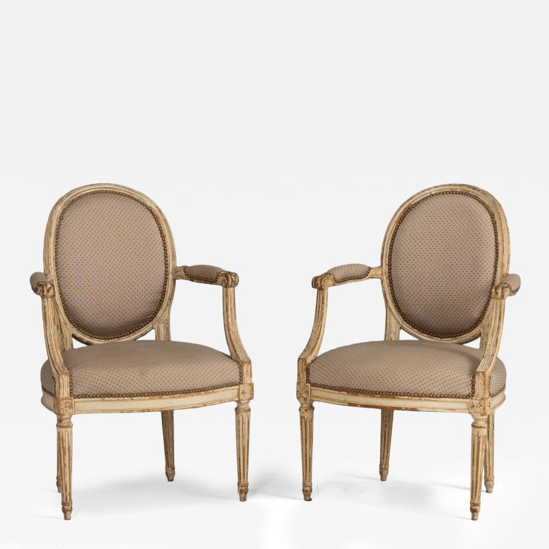 Pair 18th c French Louis XVI Fauteuils in Original Paint Signed