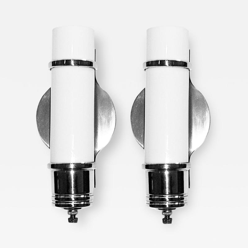 Pair 1930s Streamline Art Deco Wall Sconces With White Tubular Glass Inserts