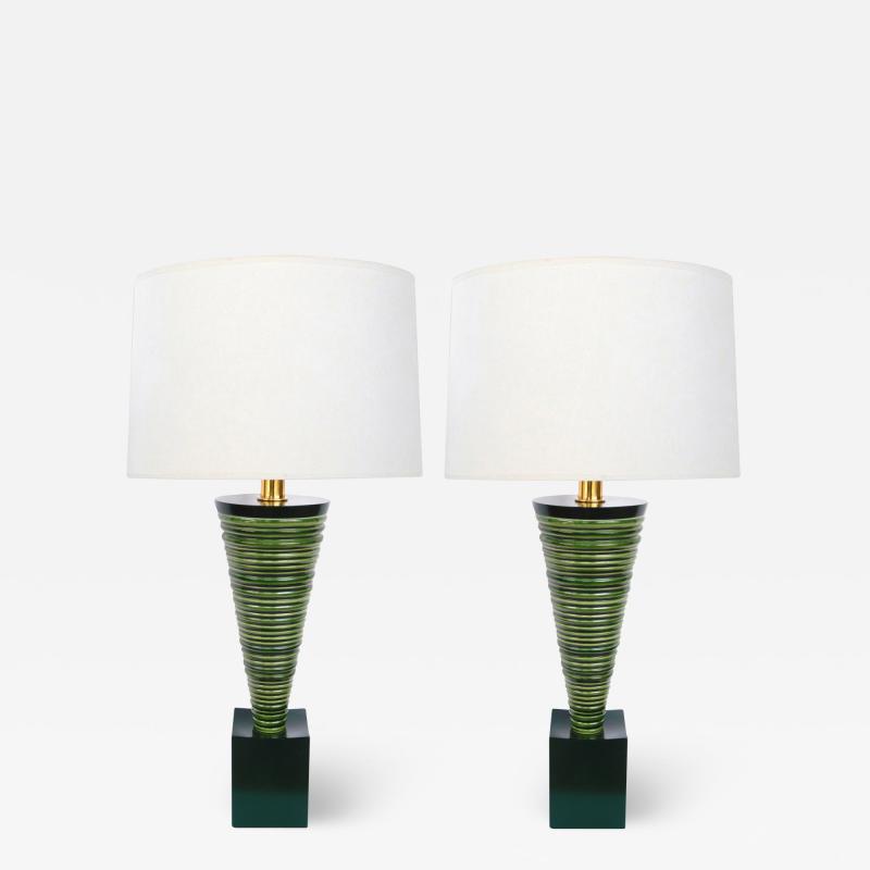 Pair 1950s Atomic Age Conical form Green Glazed Ribbed Lamps