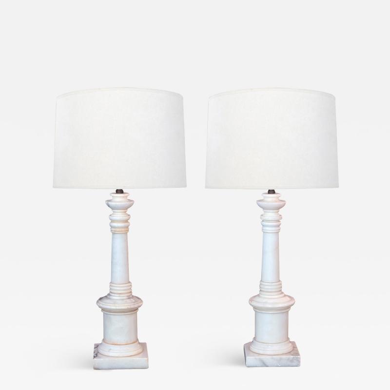 Pair 1950s White Marble Columnar Lamps in the Neoclassical Taste