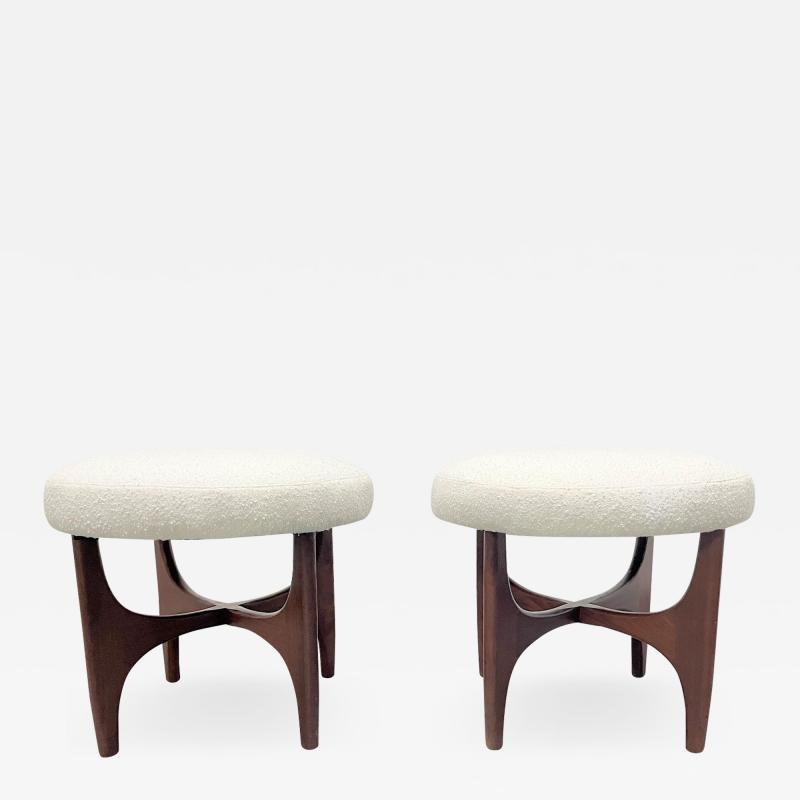 Pair 1960s Solid Walnut Stools in Boucle Fabric