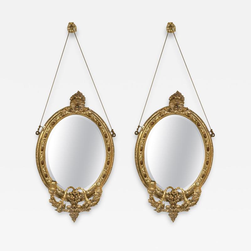 Pair 19th C Mirror Oval Sconces Giltwood Design With Two Candle On Each Mirror