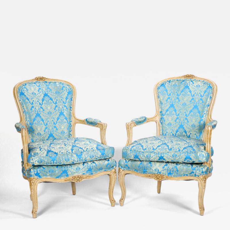 Pair 19th Century French Hand Painted Wooden Upholstered Armchairs