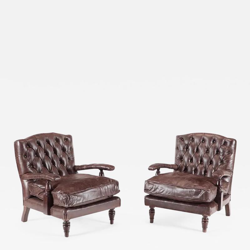 Pair 19th Century Napolean III Tufted Leather Armchairs
