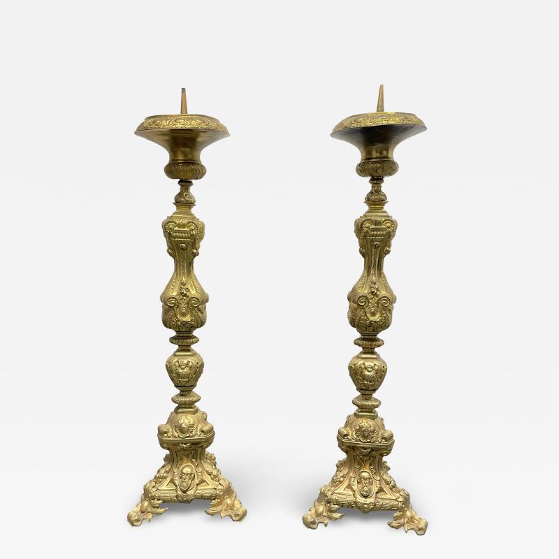 Pair 19th Century Tall Brass Italian Pricket Sticks
