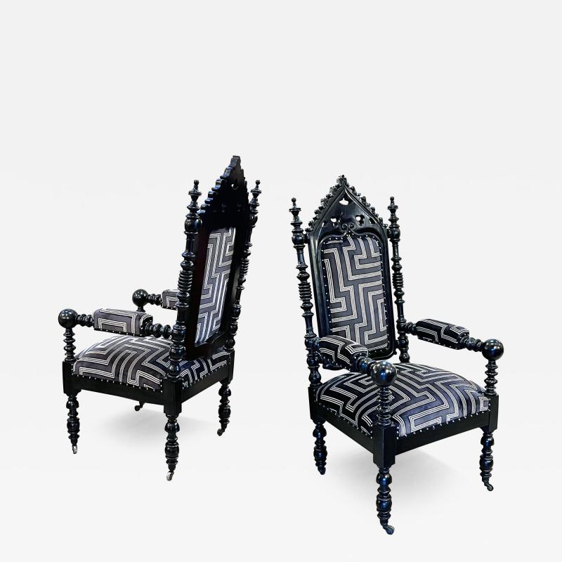 Pair 19th Century Victorian Gothic Revival Turned Carved Ebonized Armchairs