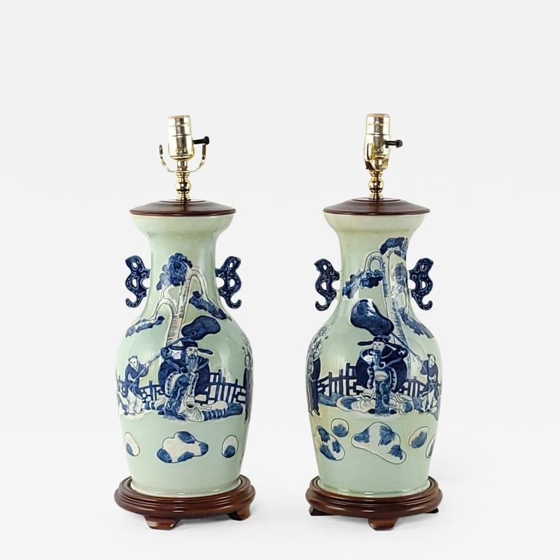 Pair 19th century Chinese celadon blue vase lamps c 1880