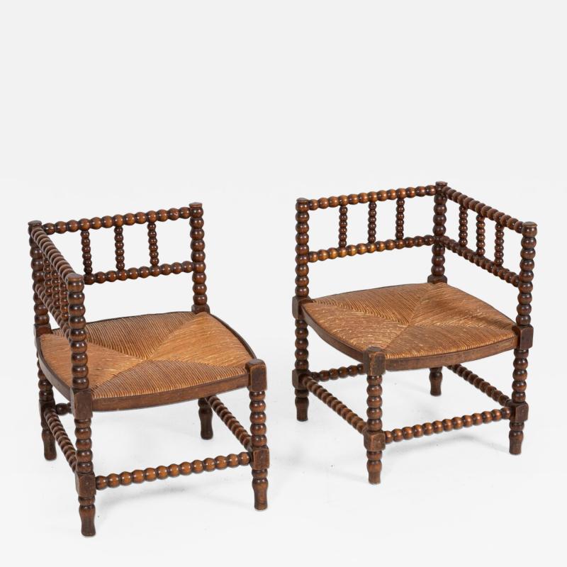 Pair 19thC French Bobbin Rattan Corner Chairs