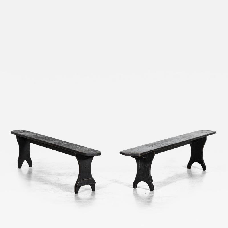 Pair 19thC French Oak Pine Ebonised Benches