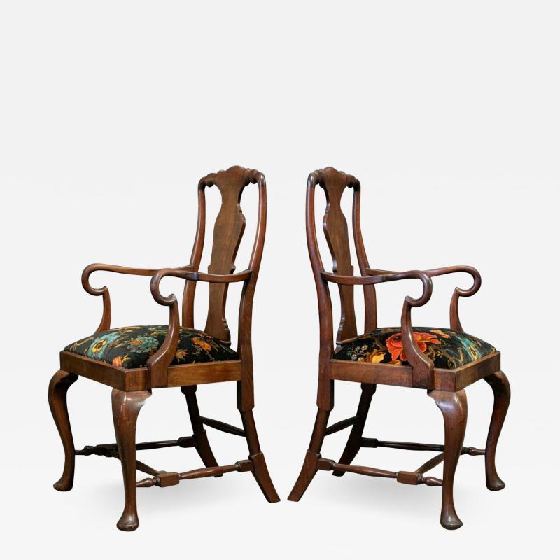 Pair 19thC Large Mahogany Carver Elbow Chairs Reupholstered