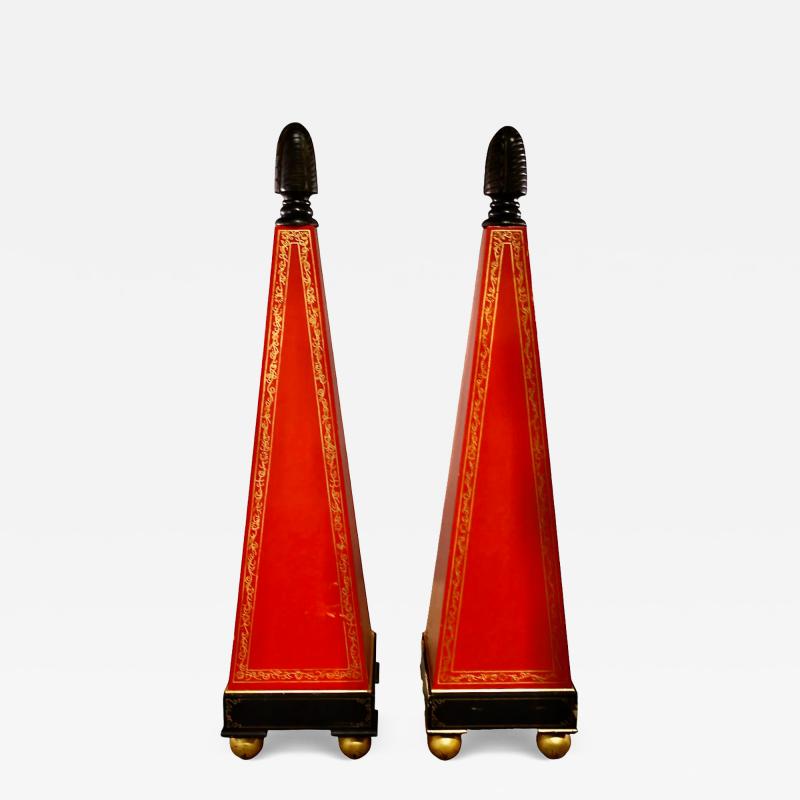 Pair 67 Painted Wood Hollywood Regency Obelisks with Gilt Detailing c 1960s