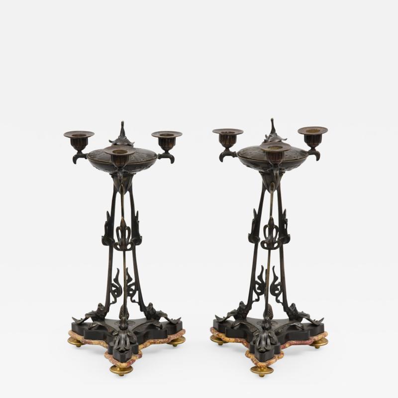 Pair Antique French Bronze Pastille Burner Candelabra