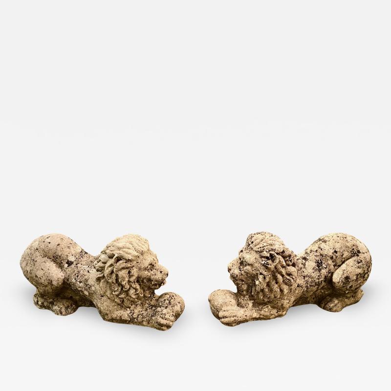 Pair Antique Limestone Lion Sculptures