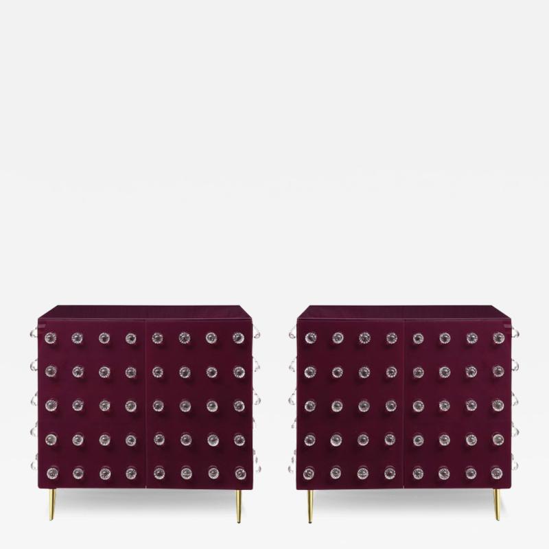 Pair Aubergine Glass with Clear Murano Spheres Cabinets with Brass Legs Italy