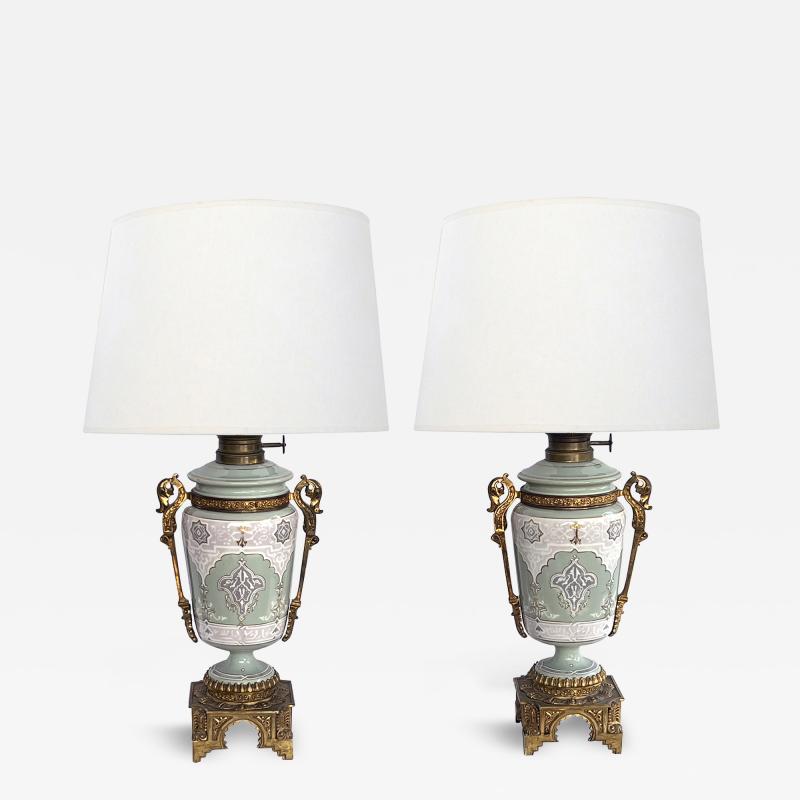 Pair Austrian Porcelain Celadon Glazed Urn form Lamps with Gilt Bronze Mounts
