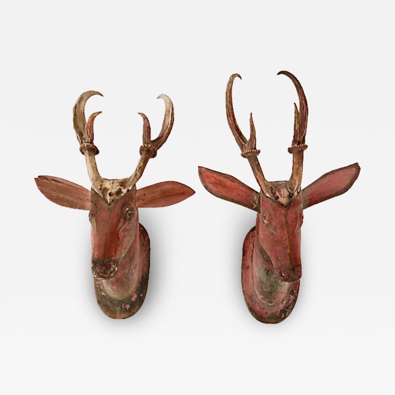 Pair Black Forest Carved Wood Deer Heads