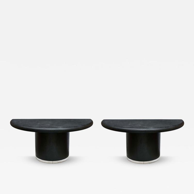 Pair Black lacquer demi lune consoles tables or dining table