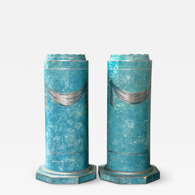 Pair Blue Distress Painted Pedestals With Drapery Motifs Hollywood Regency Style