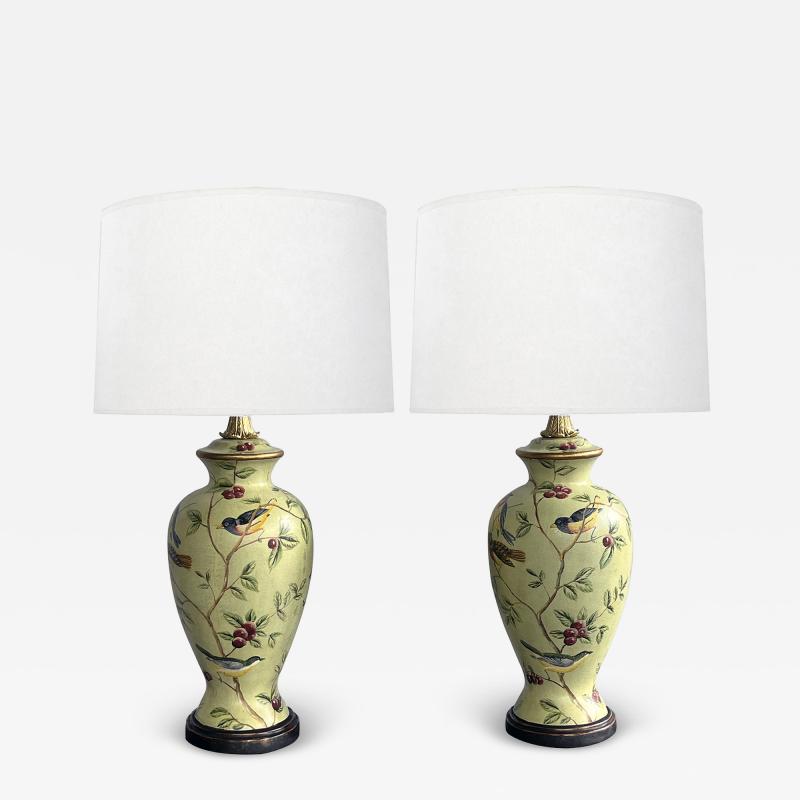 Pair Bradburn Gallery Linen over plaster Lamps with Hand painted Bird Motifs