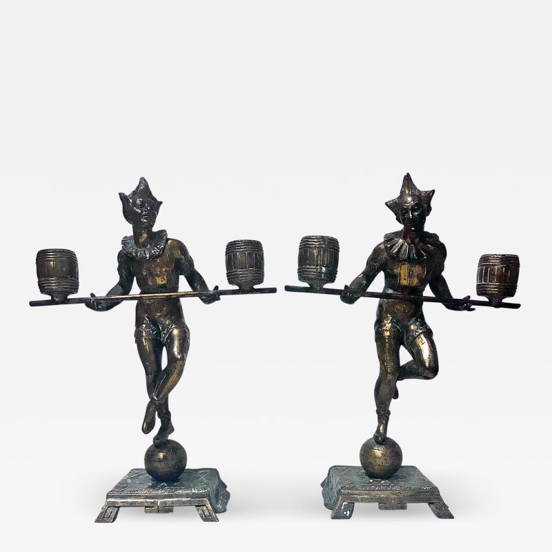 Pair Bronze Clown Candlesticks Sculptures Probably French C 1890