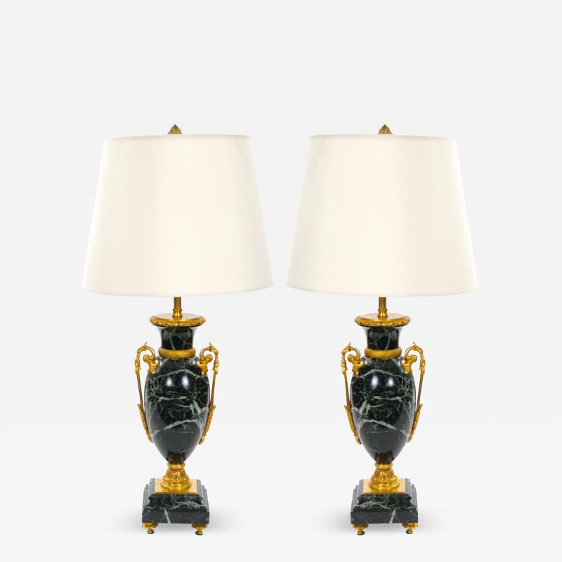 Pair Bronze Mounted Antico Verde Marble Urn Form Table Lamps French 19th Cent